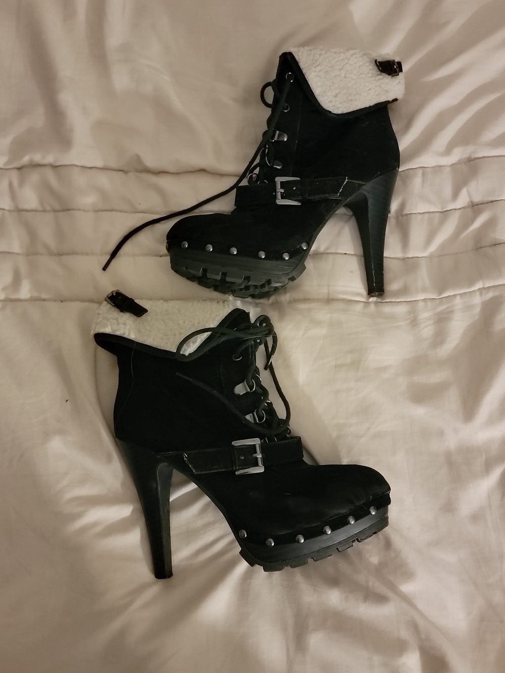 XOXO Black Faux Shearling Lace-Up High Heel Booties